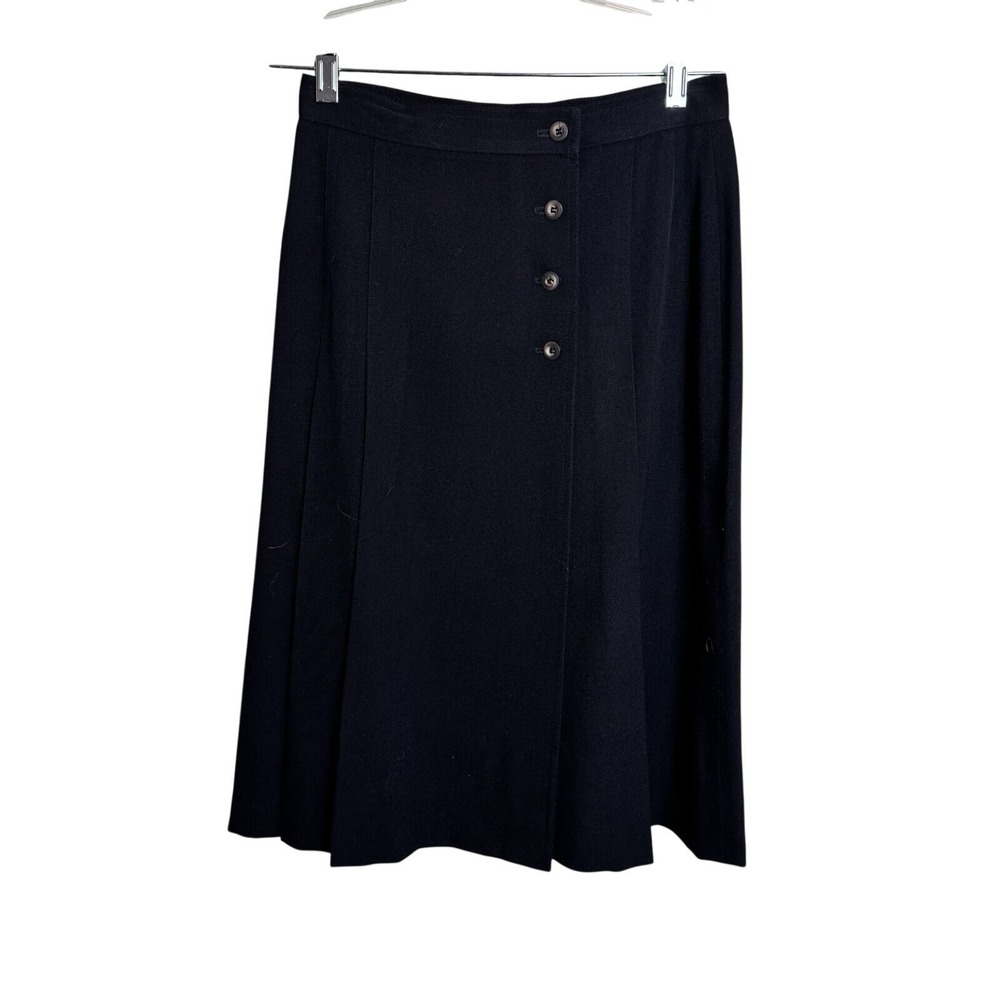 Vtg 80s‎ Liz Claiborne Black 100% Wool Side Button Pleated Midi A-Line Skirt 8